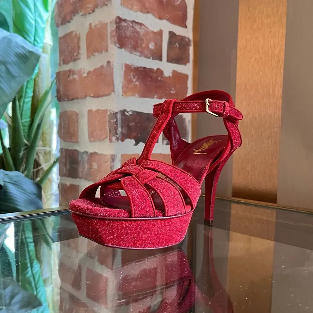 SAINT LAURENT Red Suede Glitter Tribute Heels SZ 36 (US 6) - Picture 3 of 11